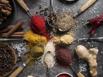 top-view-spoons-bowls-with-spices
